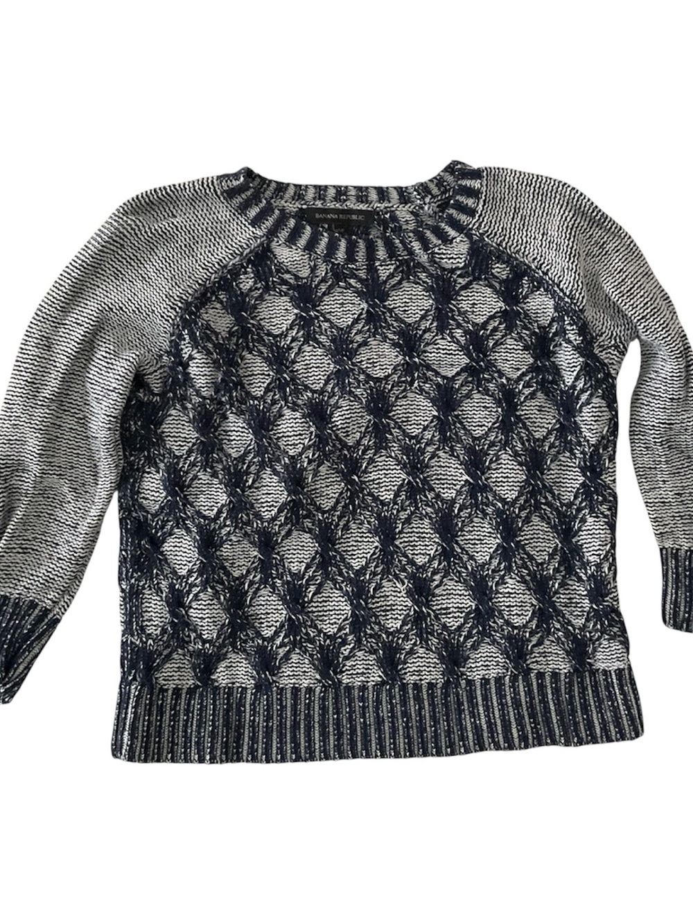 Banana Republic Black & White Textured Cable Knit Crew Sweater